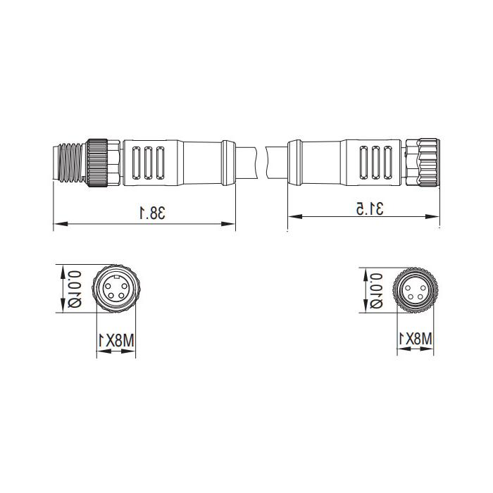 M8 4Pin female straight turn male straight, double end precast PUR flexible cable, black sheath, 63D421-XXX